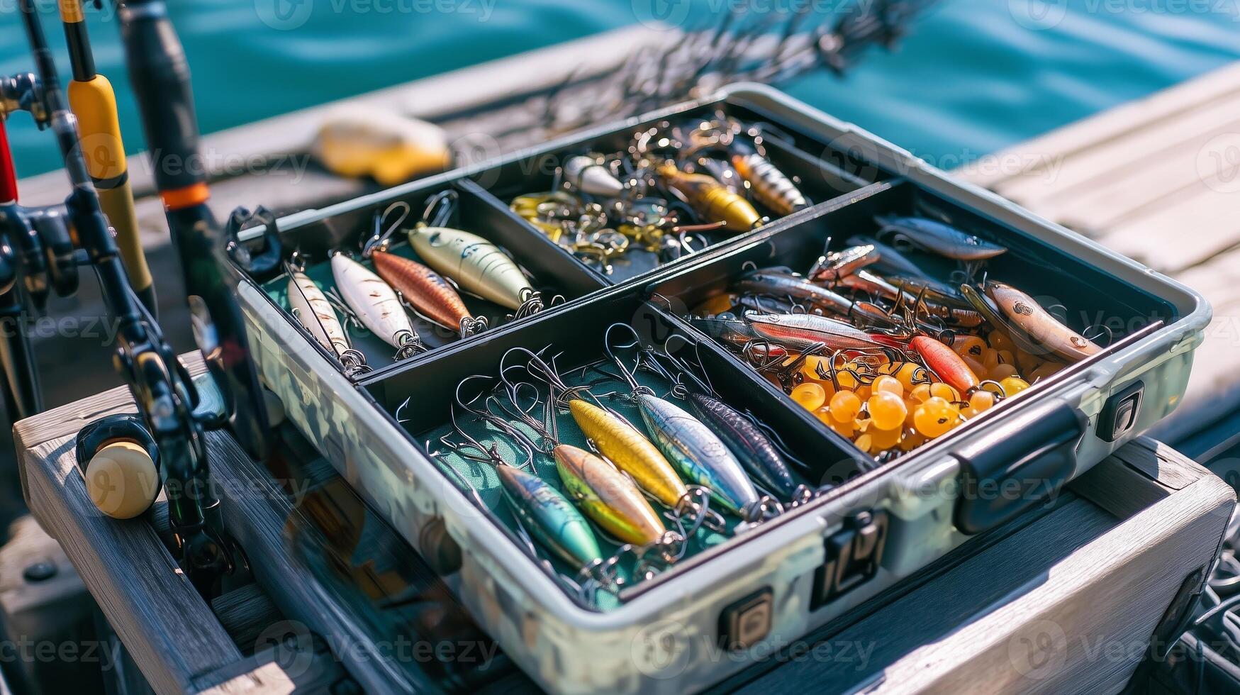 Colorful fishing lures arranged meticulously in a tackle box on a sunny day by the dock at the lake photo