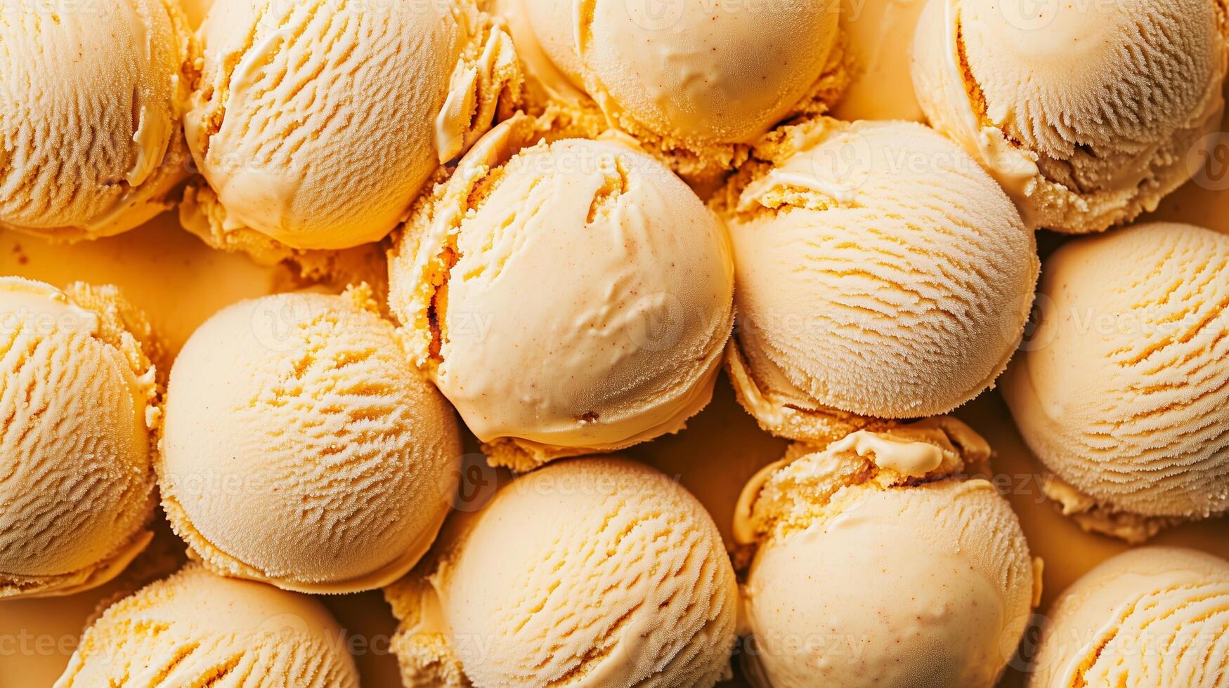 Creamy vanilla ice cream scoops arranged on a bright yellow background for a delightful dessert display photo