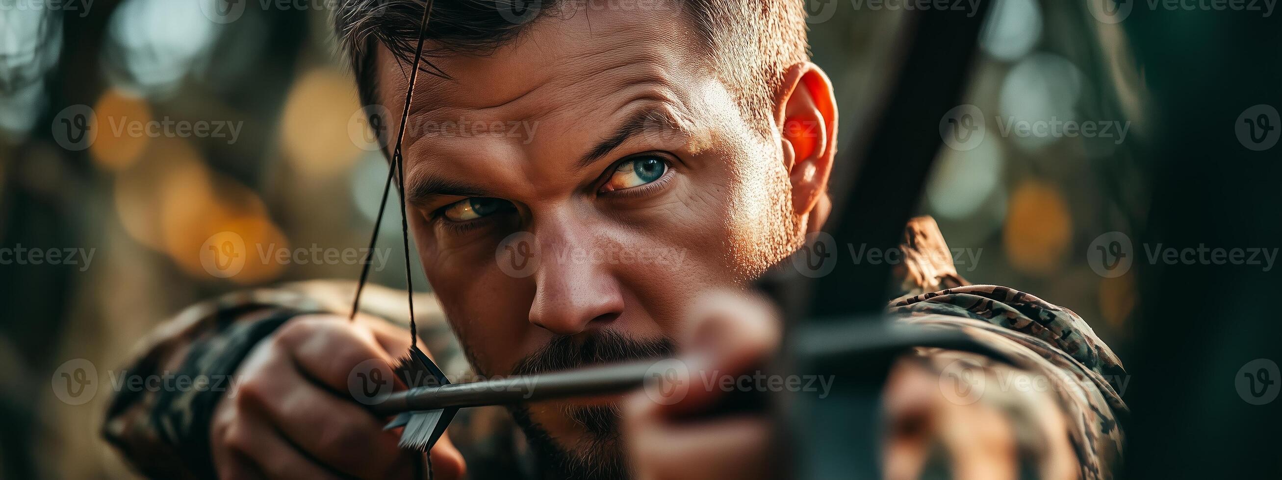 A focused archer aims carefully in a forest during twilight, showcasing skill and concentration in the art of archery photo