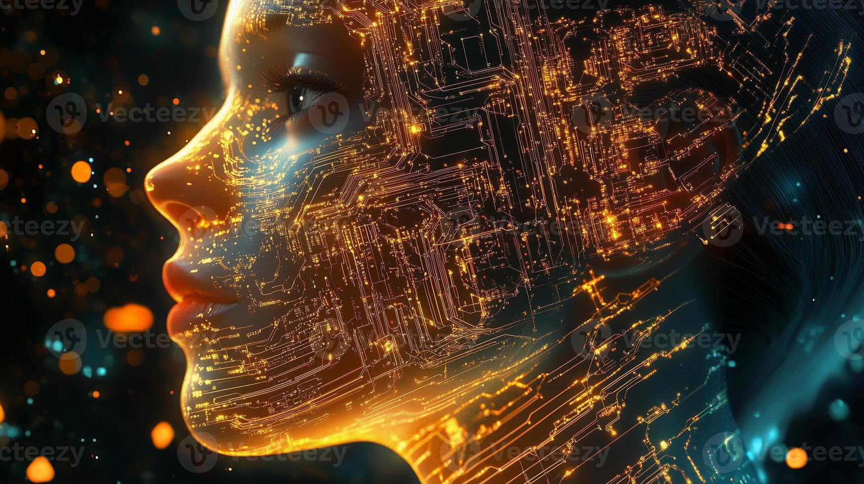 A futuristic digital representation of a human face illuminated by intricate circuits and glowing patterns, showcasing technology and art photo