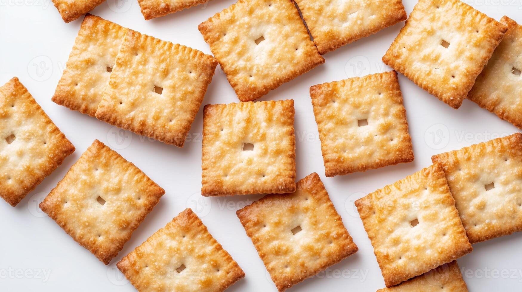Crispy crackers arranged artistically on a white background highlighting their texture and golden brown color photo