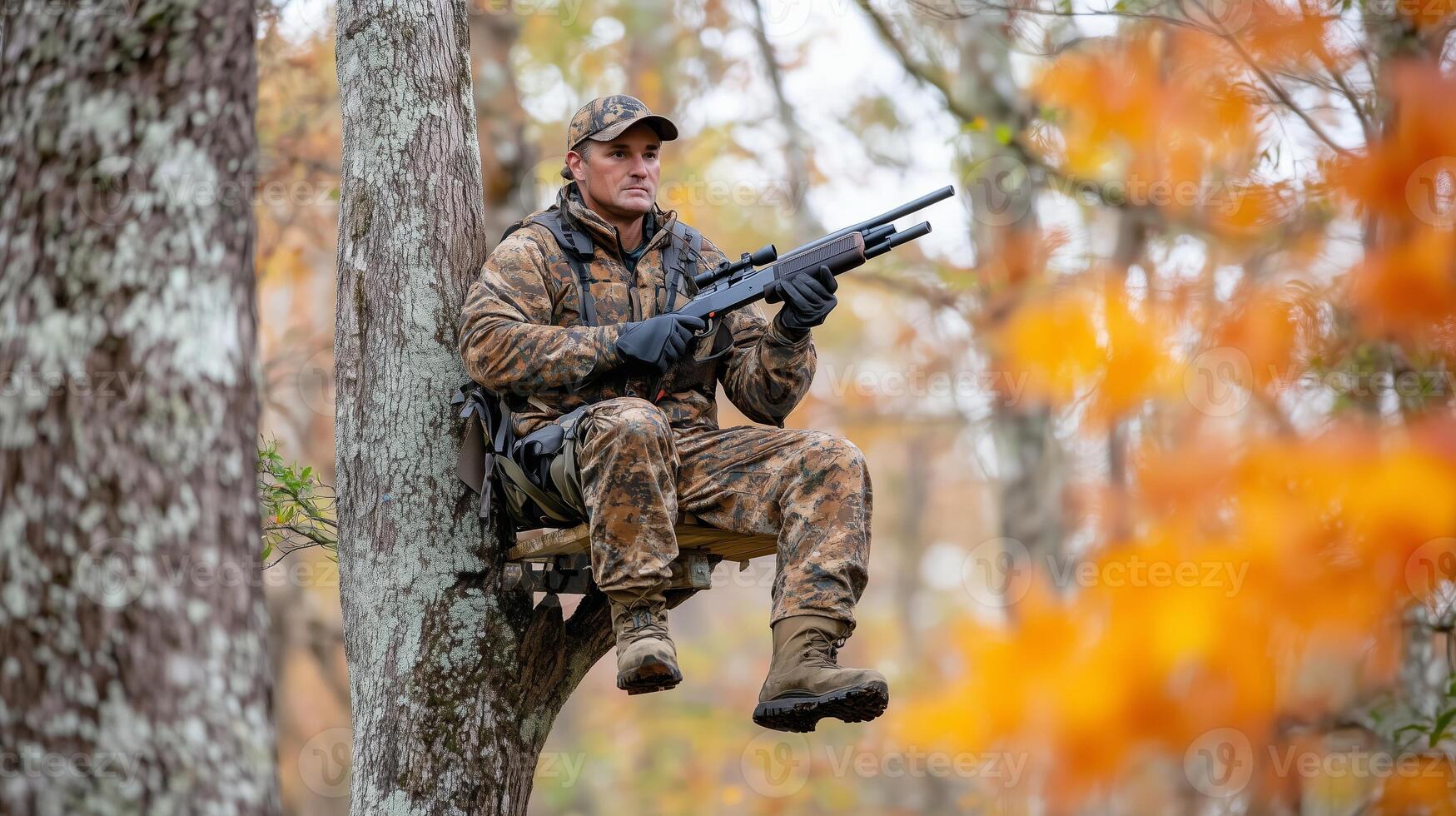 A hunter sits quietly in a tree stand, waiting for deer near a forested area during fall in the early morning light photo