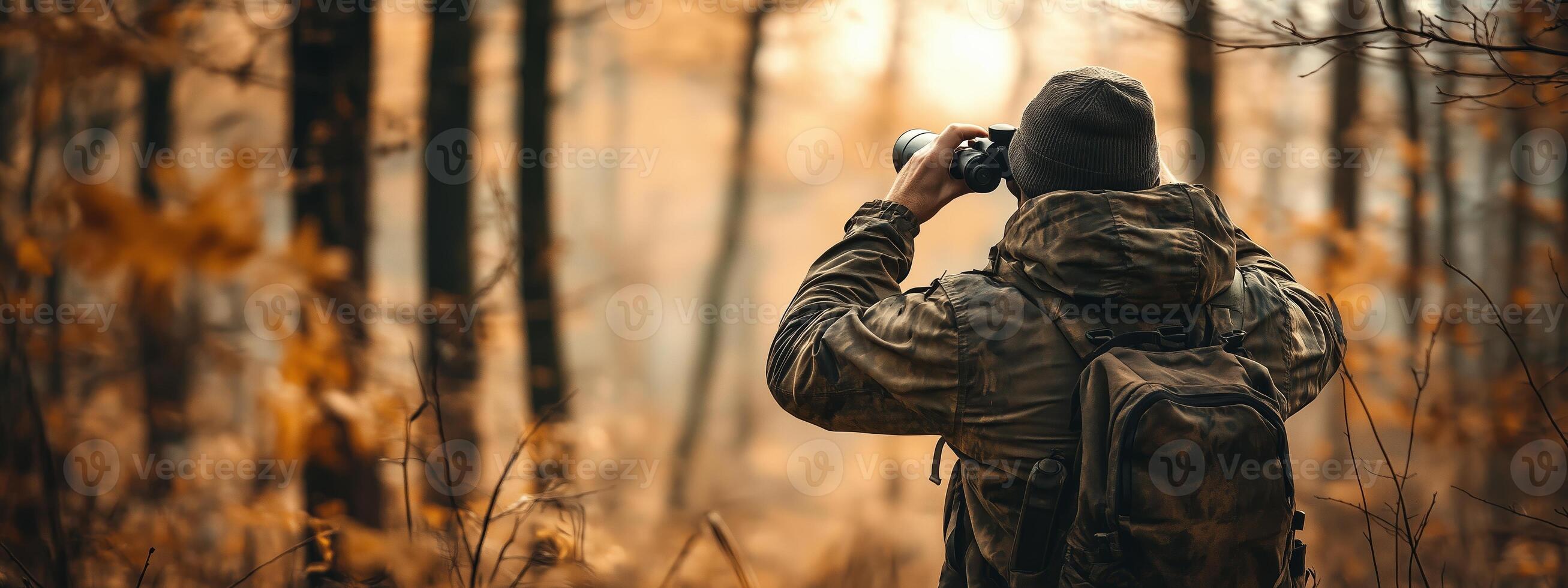 A photographer captures autumn beauty in a tranquil forest setting during golden hour with warm light filtering through the trees photo