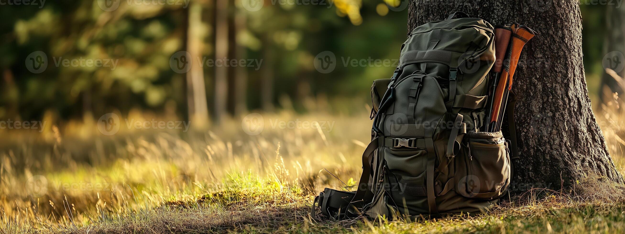 A large green backpack rests against a tree in a sunlit forest during autumn, surrounded by golden grass and tall trees photo