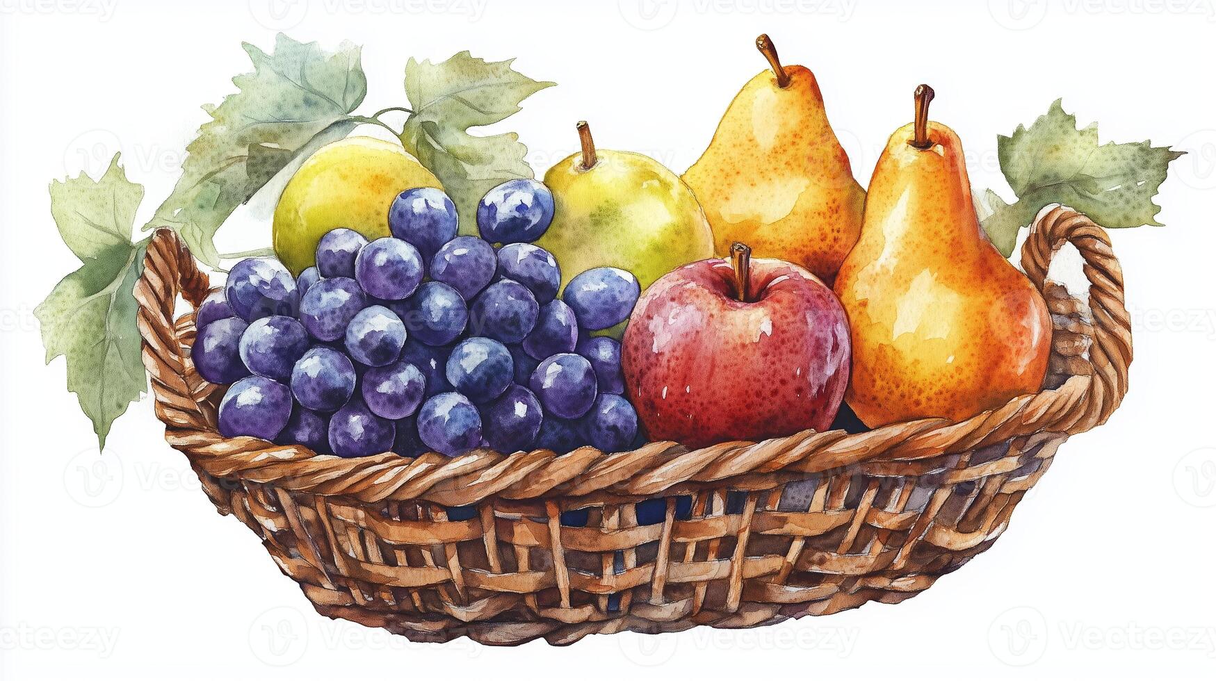 A beautifully arranged wicker basket overflowing with fresh fruits including apples, pears, and grapes on a light background photo