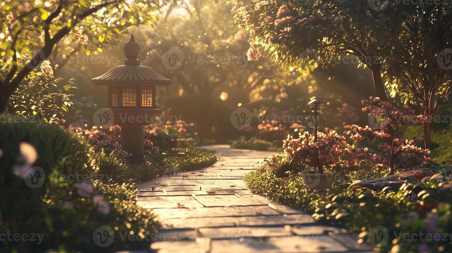 A tranquil garden path lined with blooming flowers and a lantern in soft morning light creates a serene atmosphere photo