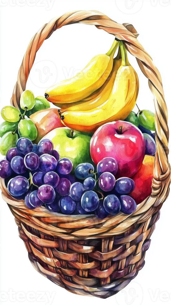 A colorful basket filled with fresh fruits including bananas, apples, grapes, and green grapes showcases nature's bounty photo