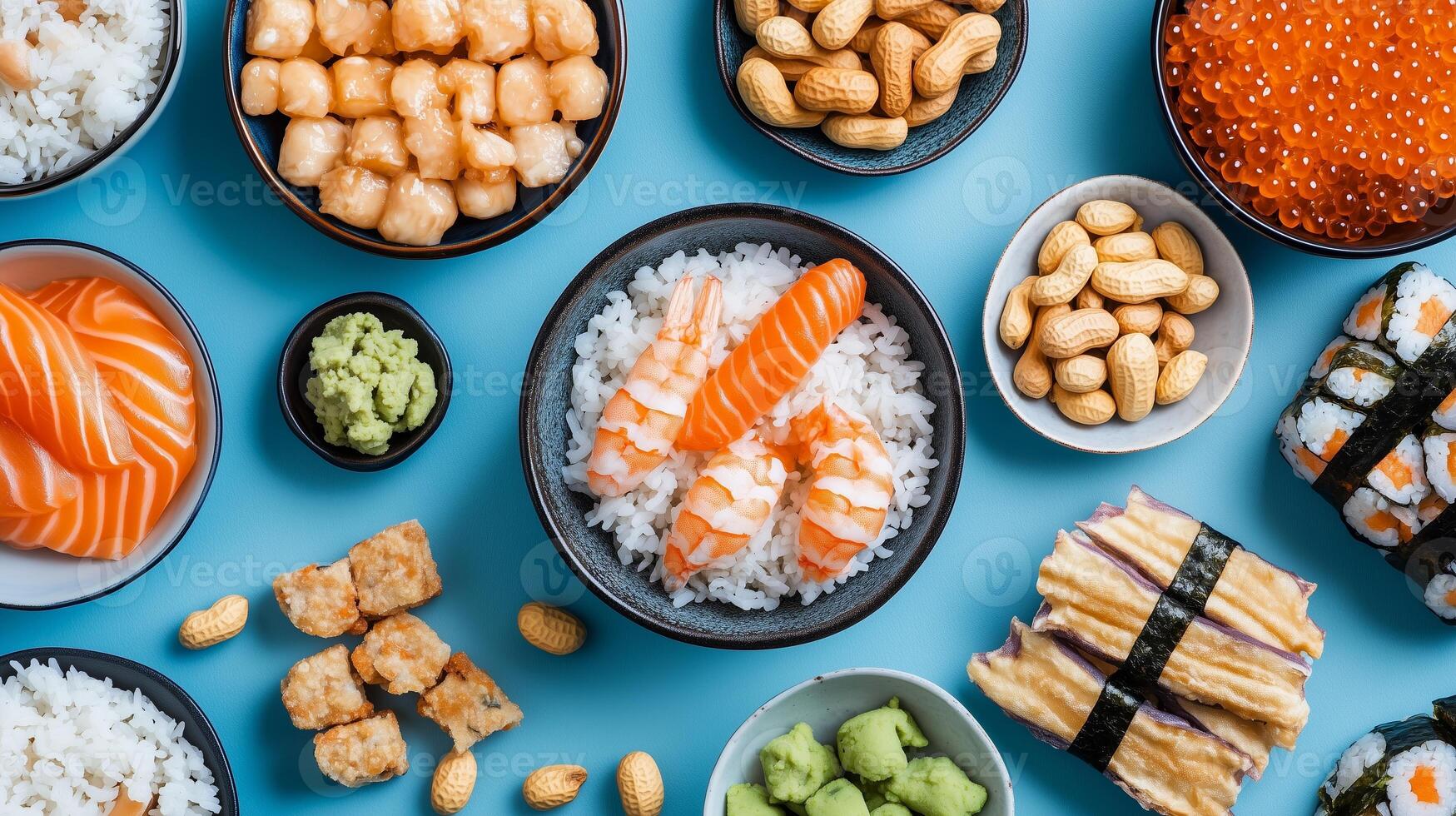 Colorful assortment of sushi and side dishes arranged on a blue table, showcasing various seafood and accompaniments for a delightful meal experience photo