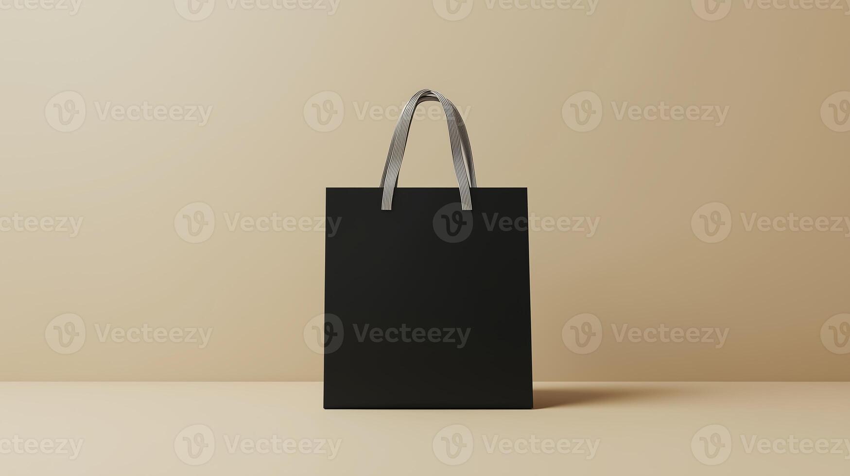 Elegant black shopping bag on a minimalist background with soft lighting in a retail setting photo