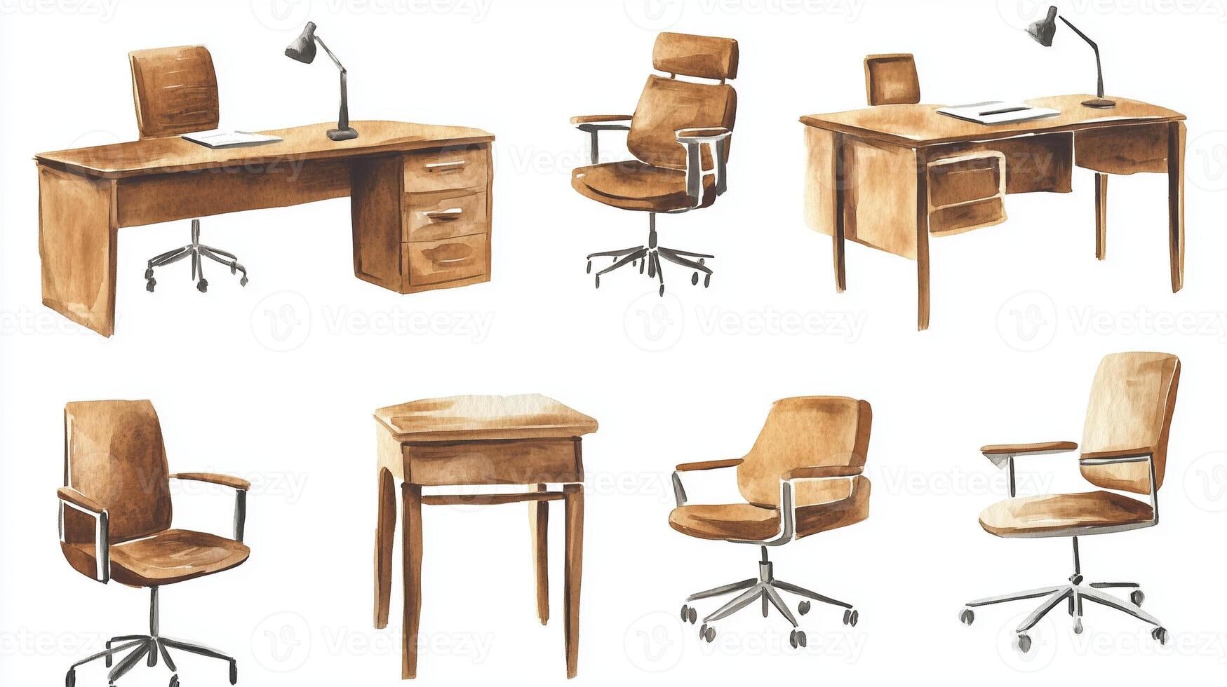 Elegant wooden office furniture collection in a minimalist style showcasing diverse desk and chair designs for modern workspaces photo