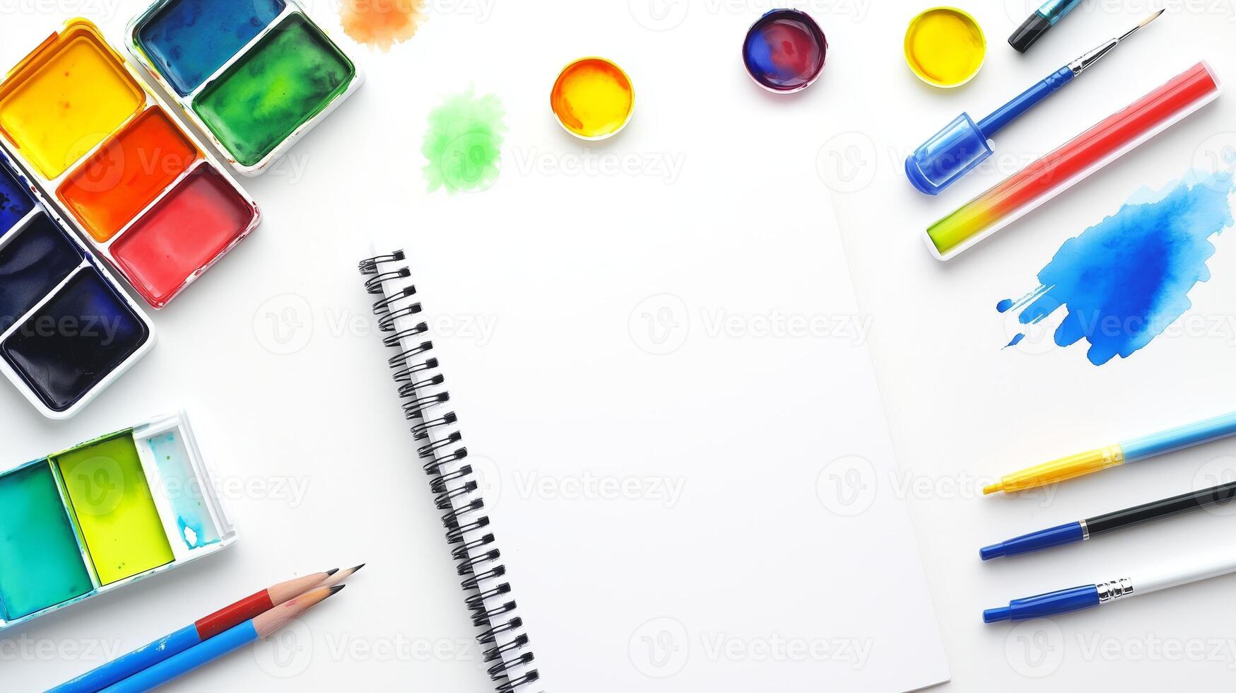 Art supplies neatly arranged around a blank sketchbook on a white table, ready for creative exploration with watercolors and pencils photo