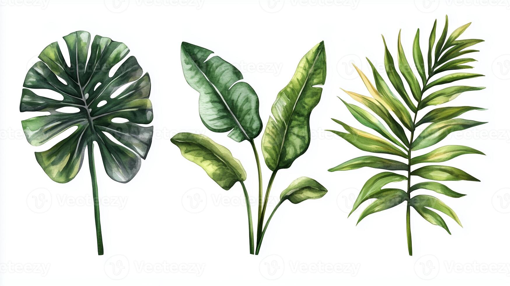 Illustration of various tropical leaves showcasing distinct shapes and vibrant green hues against a plain background photo
