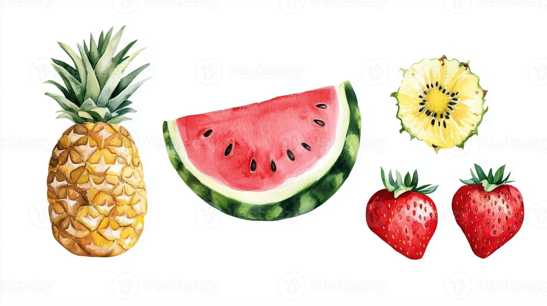 Colorful watercolor fruits including pineapple, watermelon, kiwi, and strawberries arranged on a white background photo