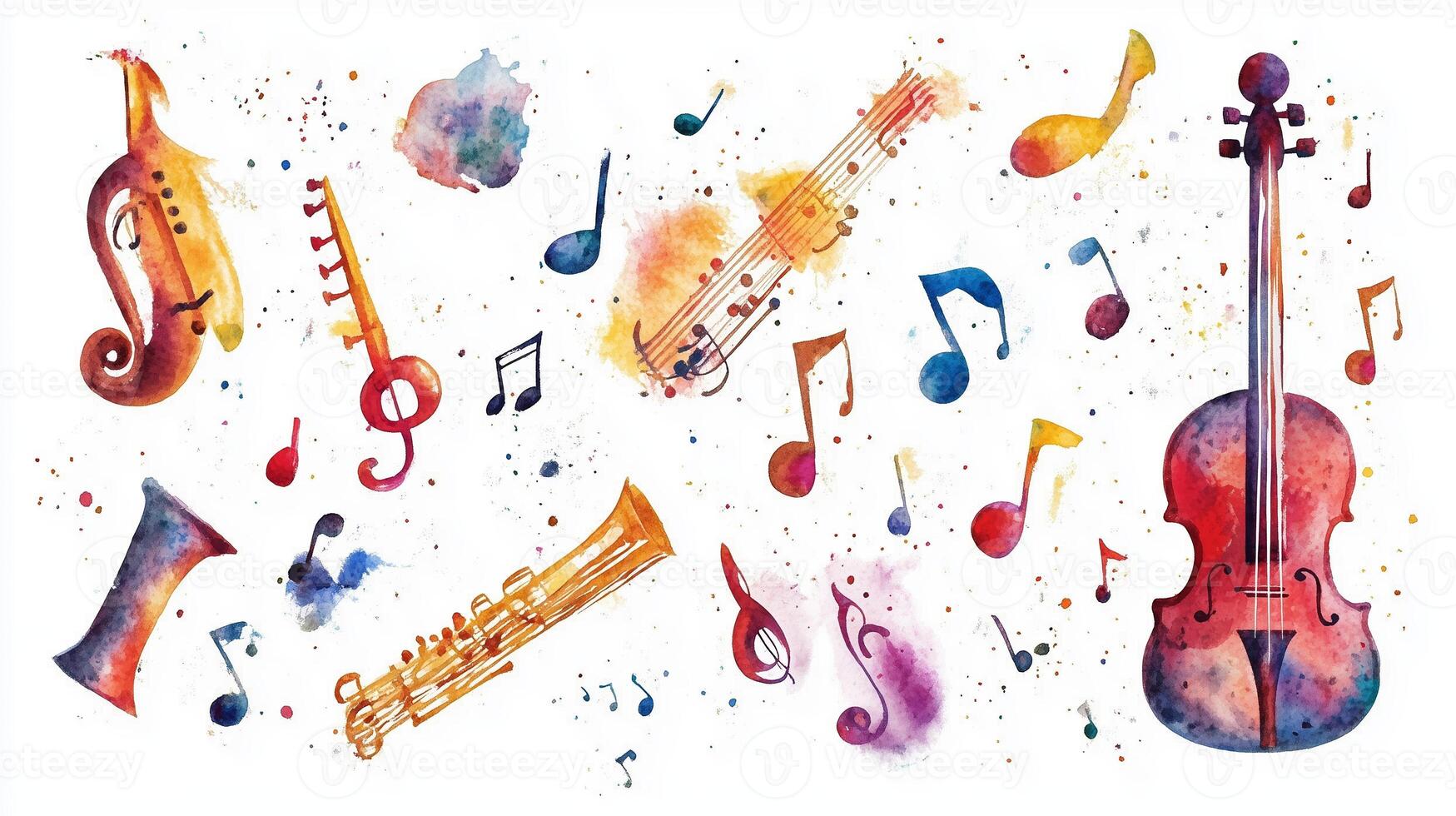 Colorful watercolor musical instruments and notes in a vibrant artistic display showcasing creativity and rhythm photo