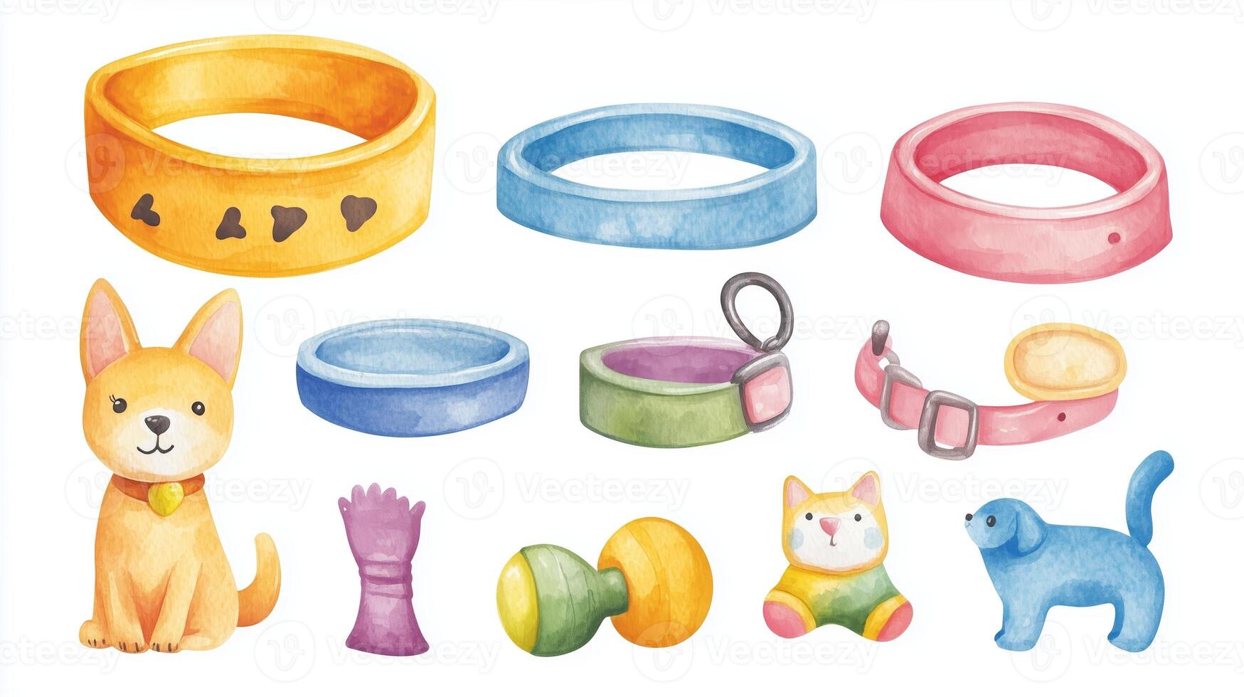 Colorful assortment of dog accessories and a cute corgi illustration arranged playfully on a white background photo