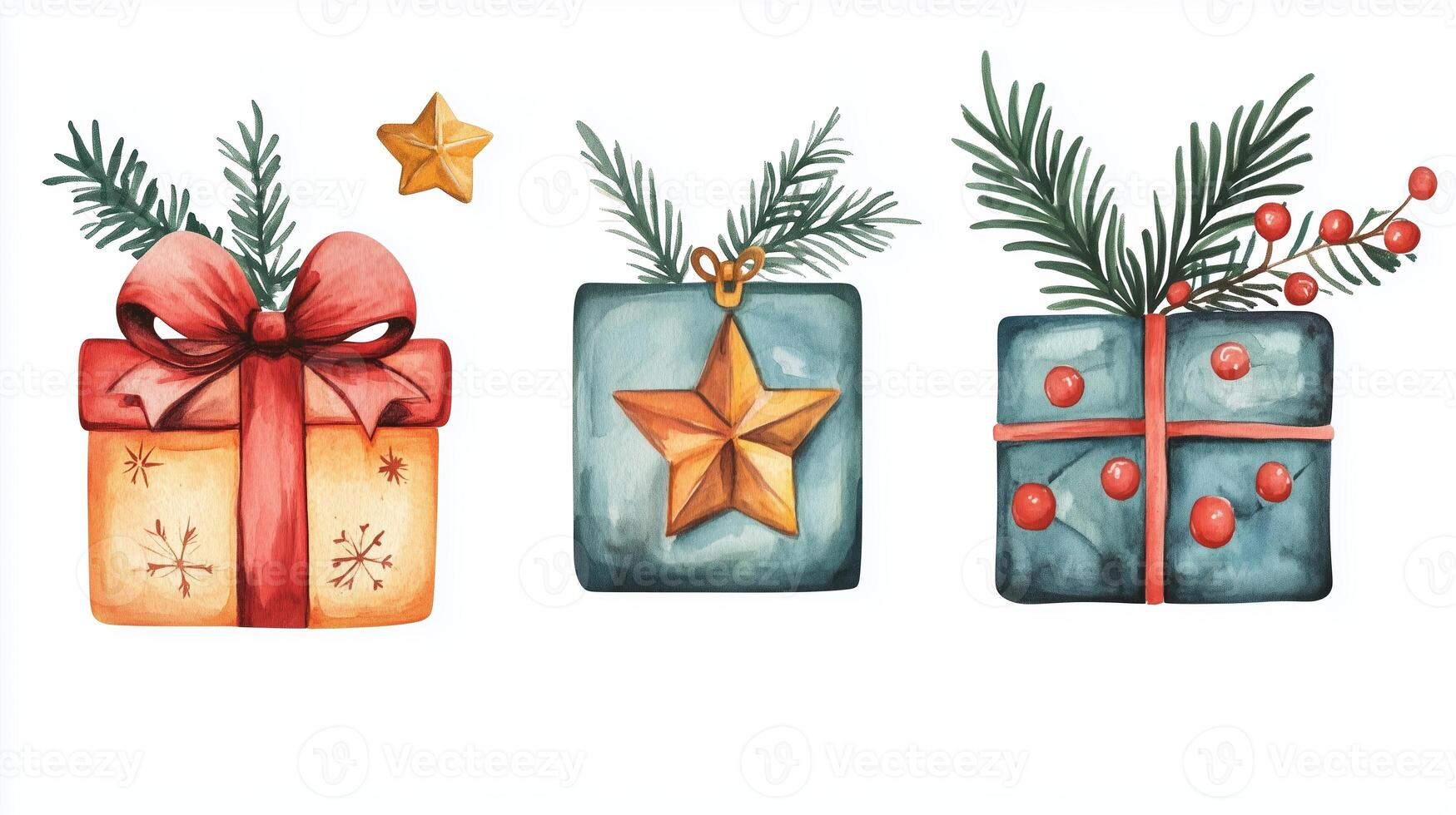 Colorful holiday gift boxes adorned with bows and greenery, perfect for seasonal celebrations and festive decorations photo