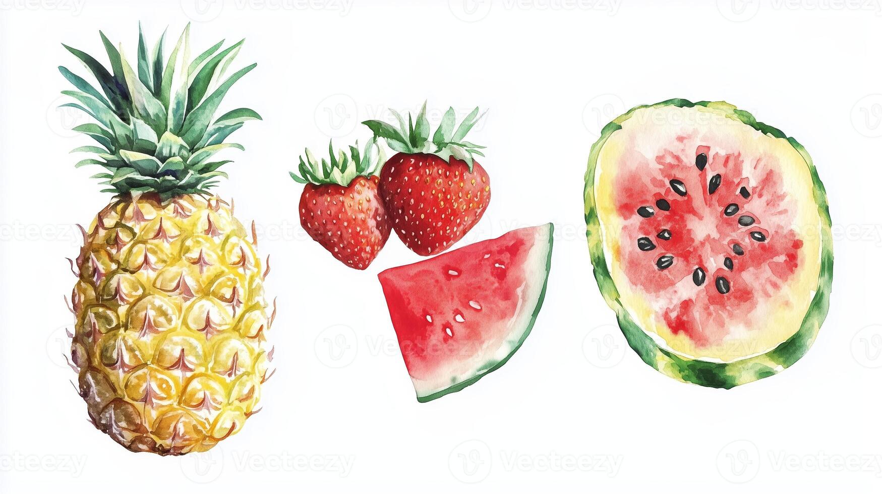 Fresh fruits of pineapple, strawberries, and watermelon displayed in a colorful arrangement on a white background photo