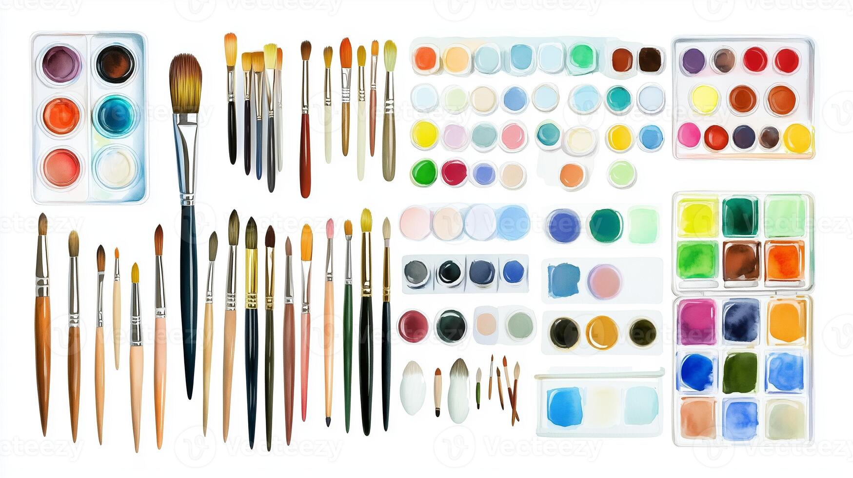 A colorful arrangement of various watercolors and brushes on a white background, ideal for artistic projects and creative expression photo