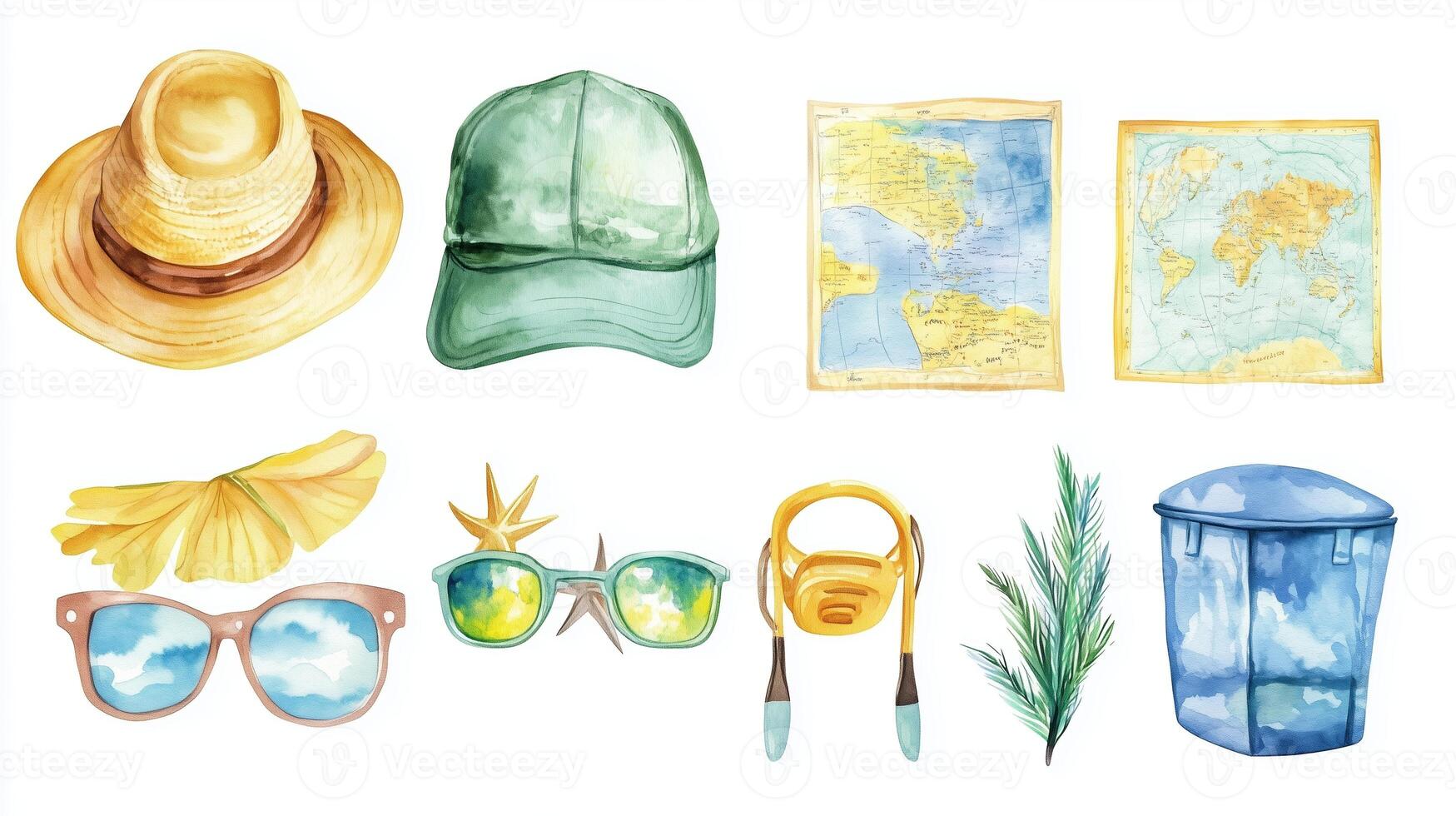 A summer travel essentials collection featuring a straw hat, green cap, maps, sunglasses, and a trash bin in a bright, cheerful layout photo