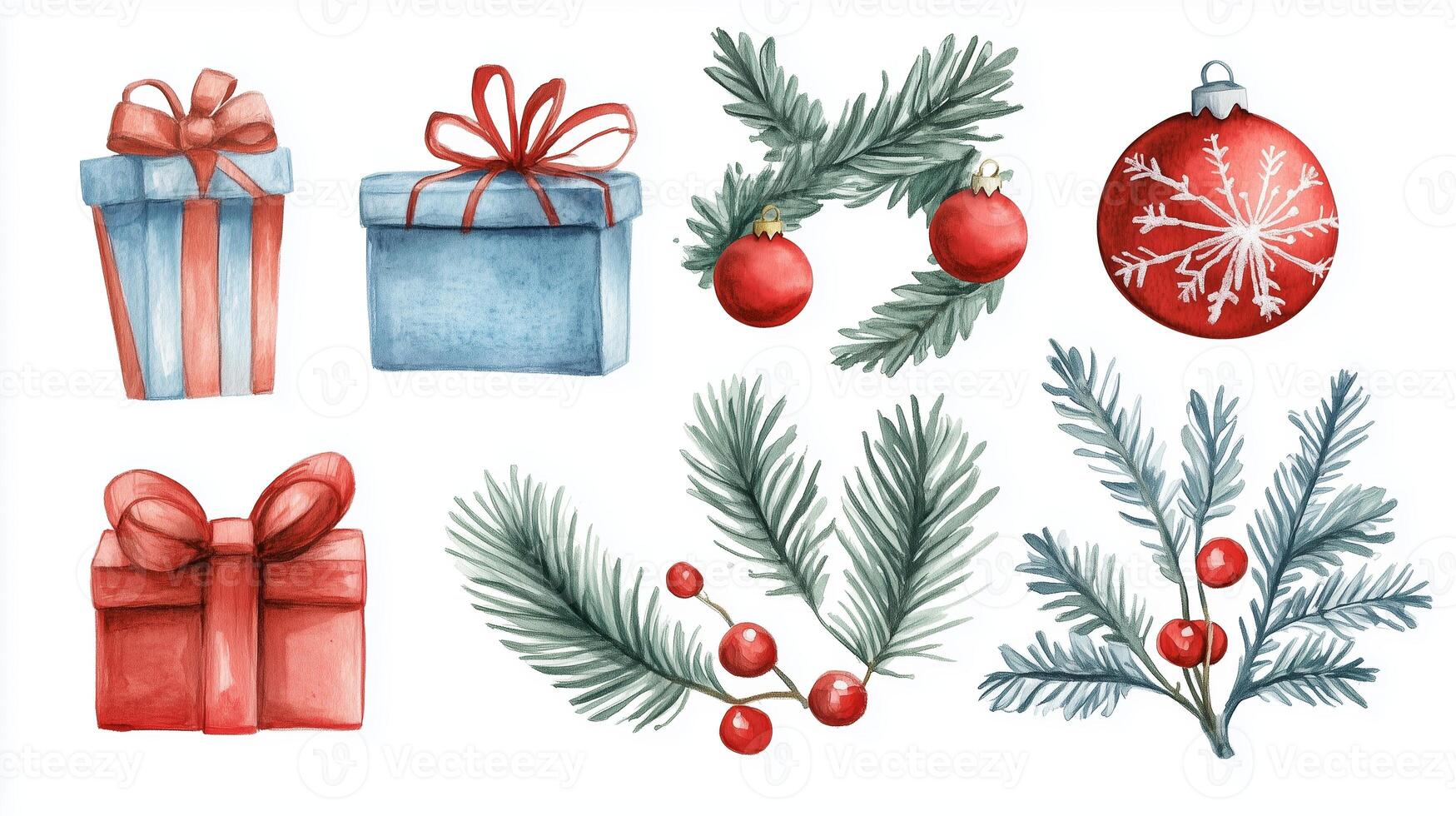 Colorful watercolor Christmas decorations featuring gifts, ornaments, and festive greenery in a cheerful arrangement for holiday celebrations photo