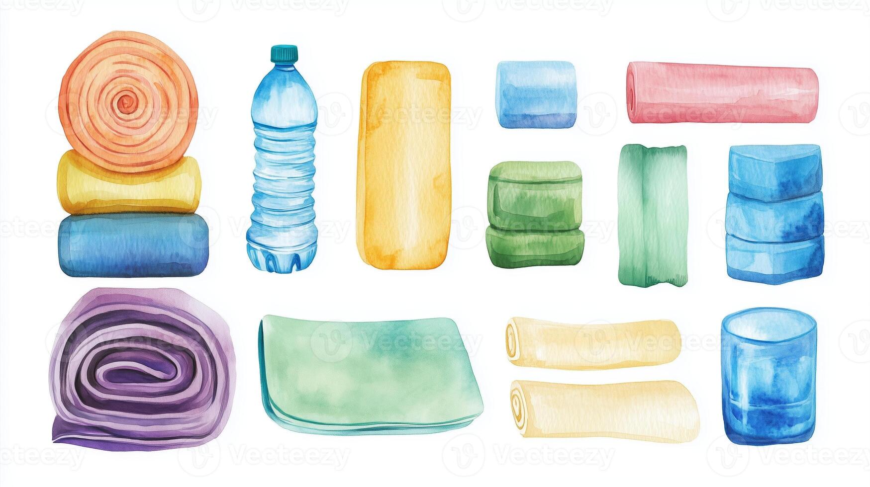 Collection of colorful towels and yoga mats alongside a water bottle on a white background photo