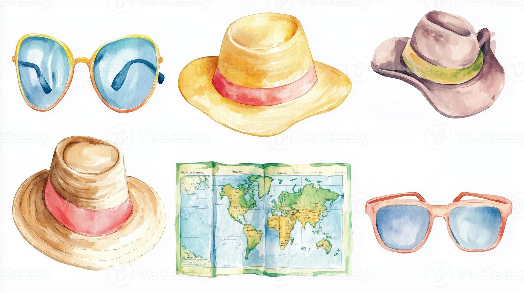 Colorful summer accessories featuring stylish hats and sunglasses alongside a world map for travel inspiration photo