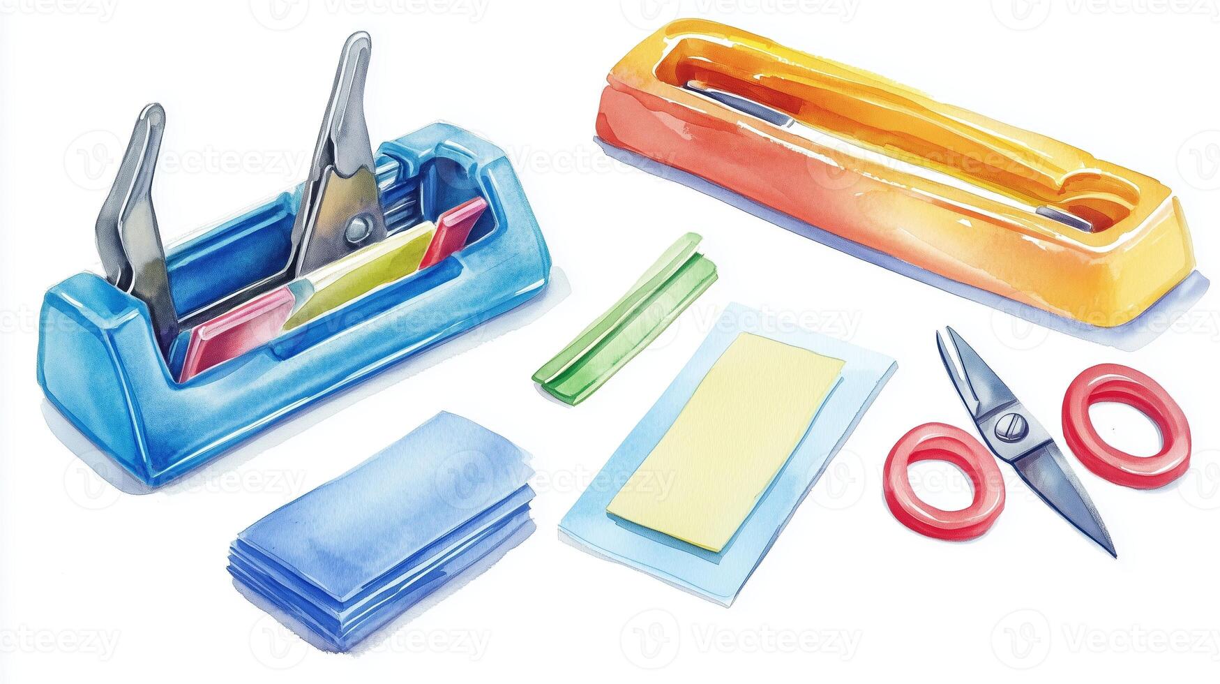 Colorful stationery supplies arranged on a white background, including staplers, scissors, and decorative paper strips photo