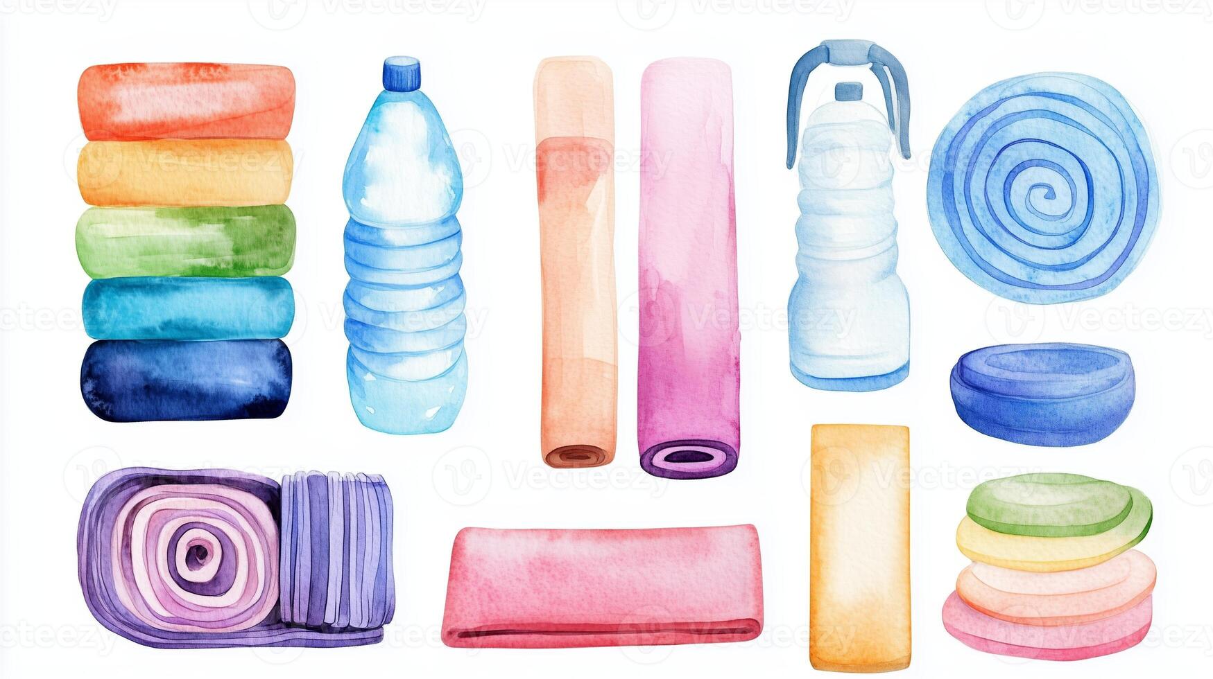 Colorful assortment of yoga mats, water bottles, and accessories displayed in a flat layout on a bright background photo