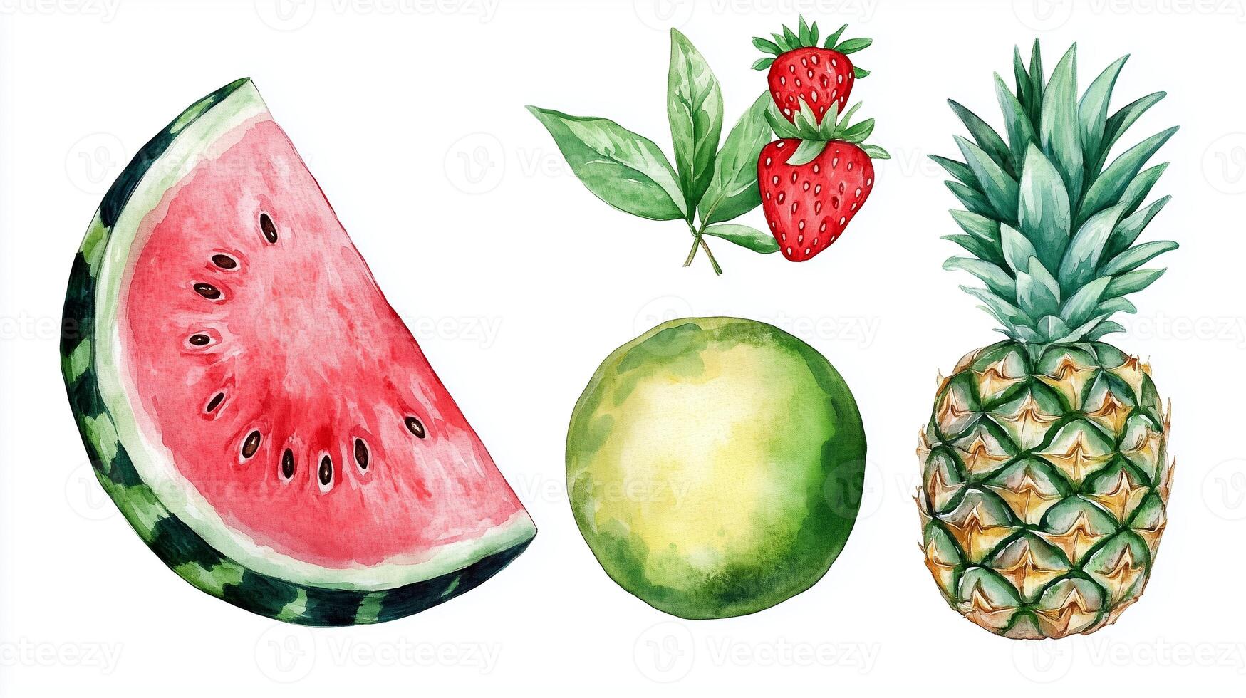 Fresh watermelon, pineapple, and strawberries arranged artistically against a white background in a colorful display photo