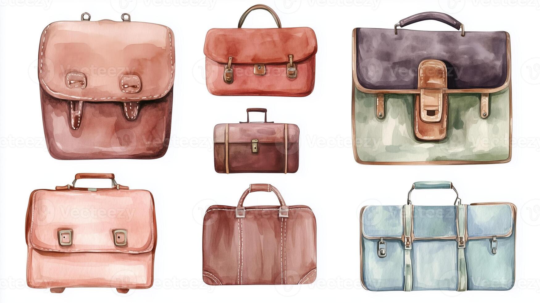 A collection of stylish leather bags in various shapes and colors arranged neatly on a flat surface photo