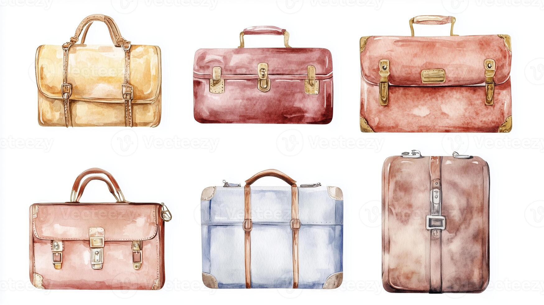 A collection of vintage leather bags displayed on a white background showcasing a variety of styles and colors photo