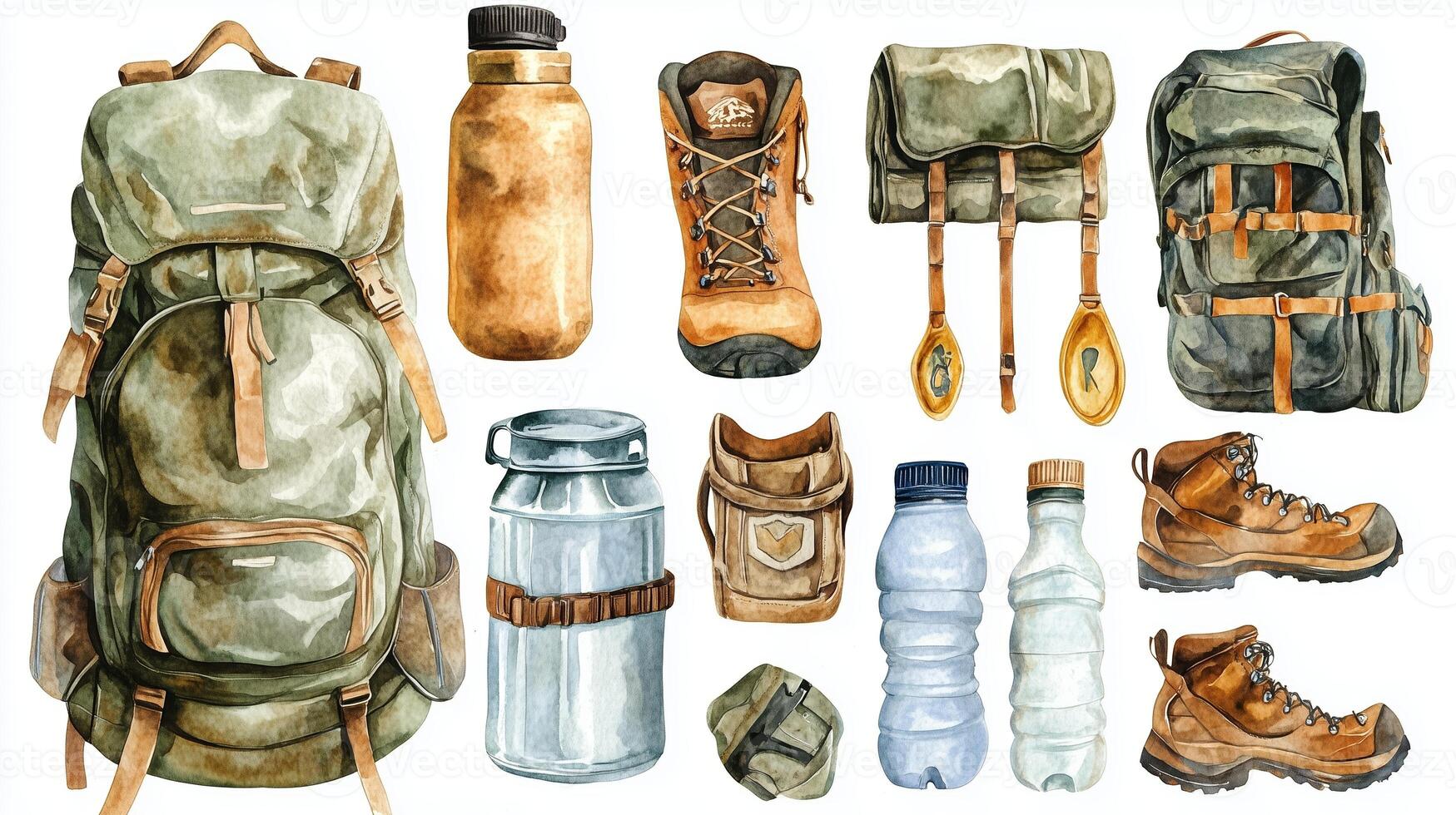 Exploring essential outdoor gear including backpacks, water bottles, and hiking boots arranged aesthetically on a white background photo