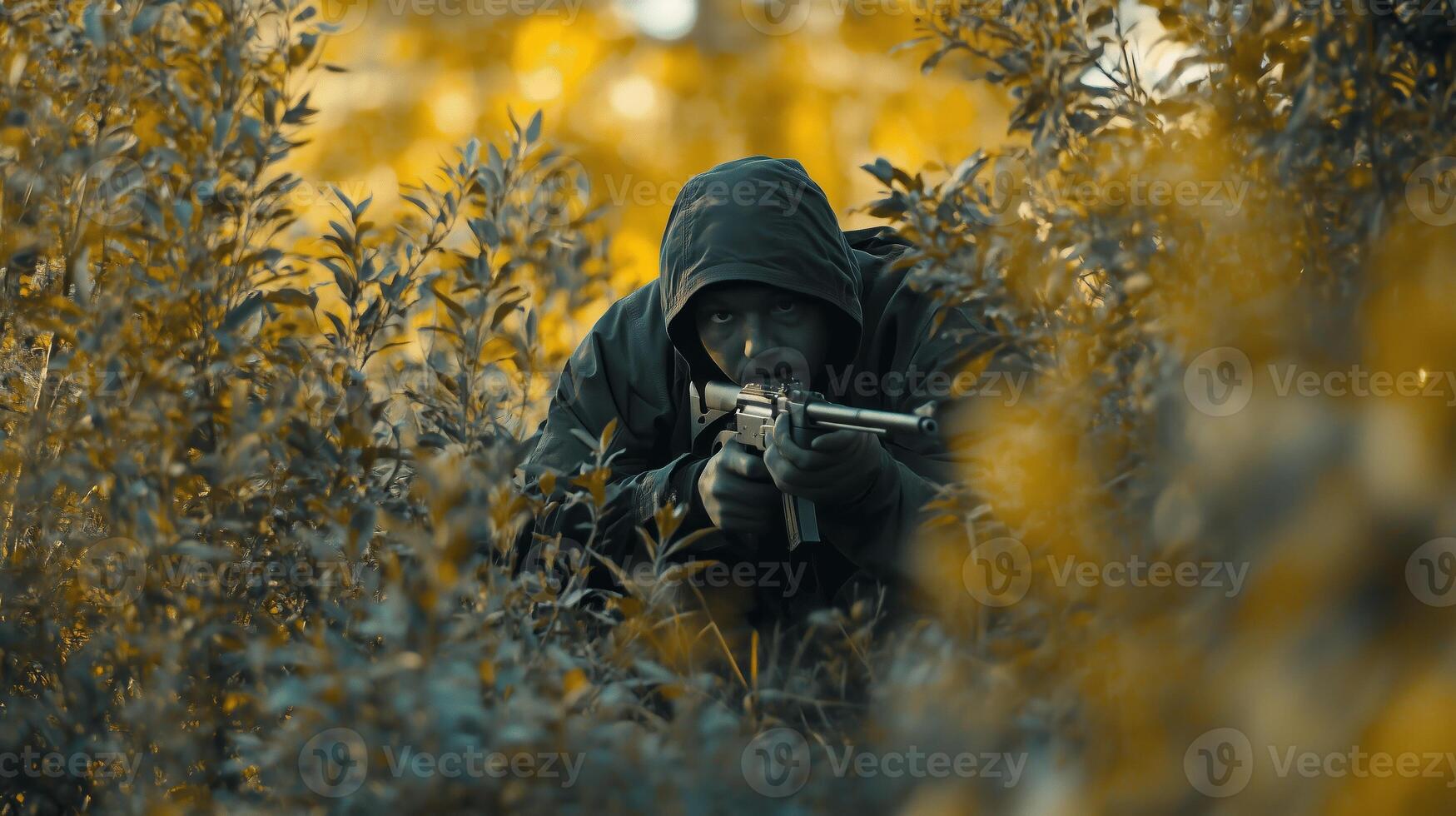 A soldier in camouflage crouched behind foliage, aiming a rifle in a dense forest during a military operation at dusk photo
