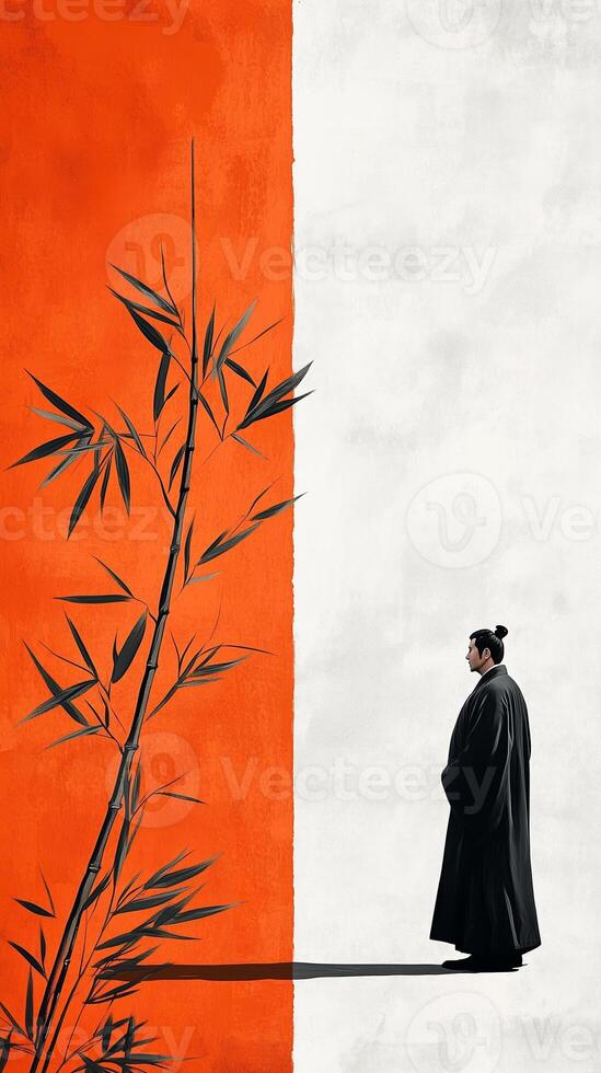 A solitary figure in traditional attire stands against an abstract orange and white background with bamboo accents in a serene setting photo