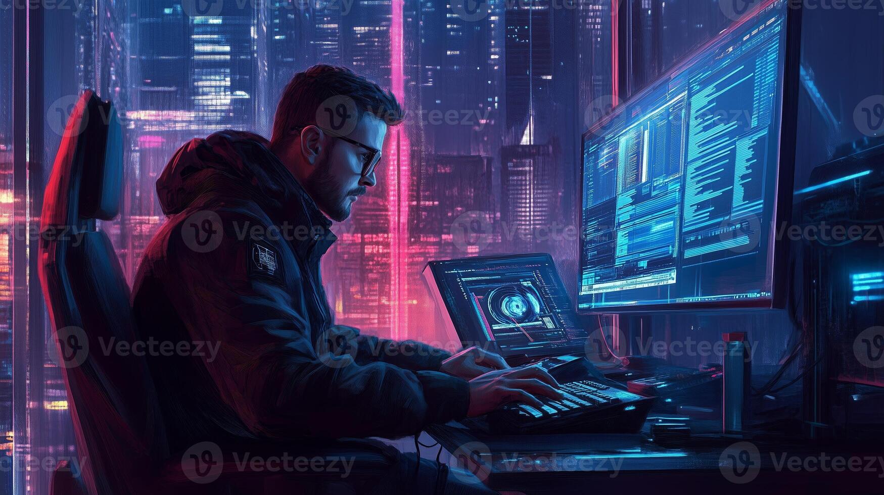 A focused cybersecurity analyst working late at a high-tech workstation in a city skyline during nighttime to combat online threats photo