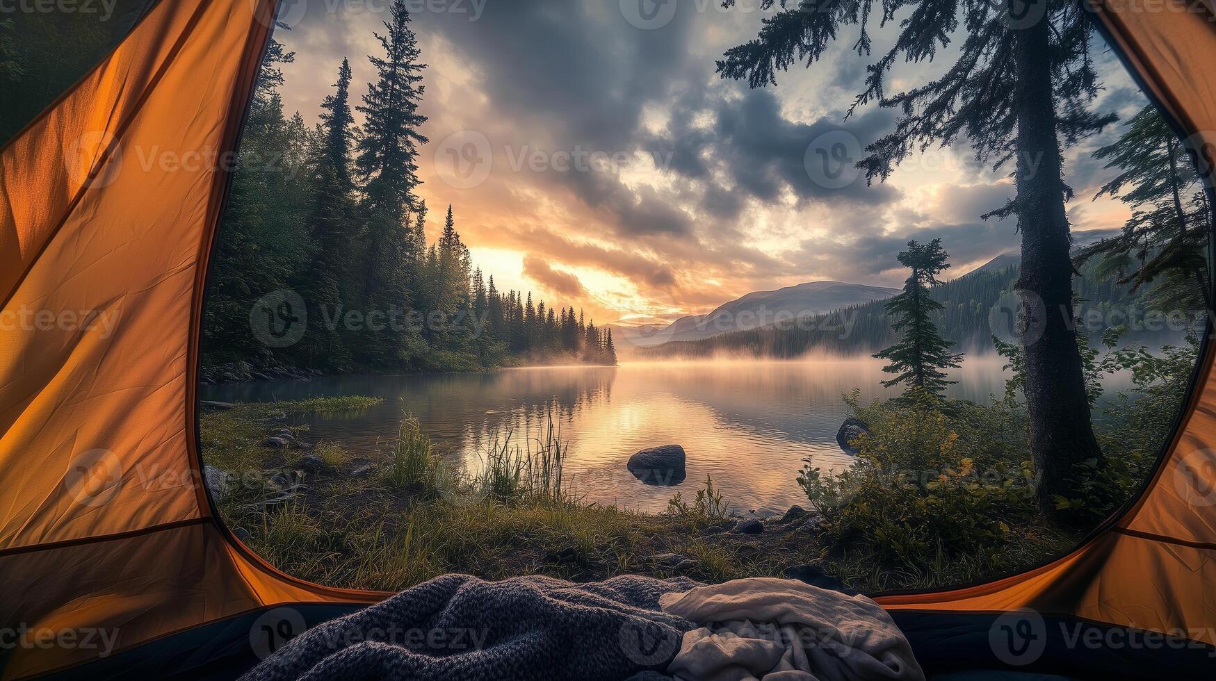 Serene sunrise over a tranquil lake viewed from a cozy tent in the wilderness during early morning hours photo