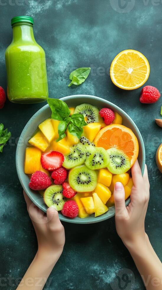 Fresh fruit salad with kiwi, mango, raspberries, and oranges captured in a kitchen on a vibrant green backdrop photo