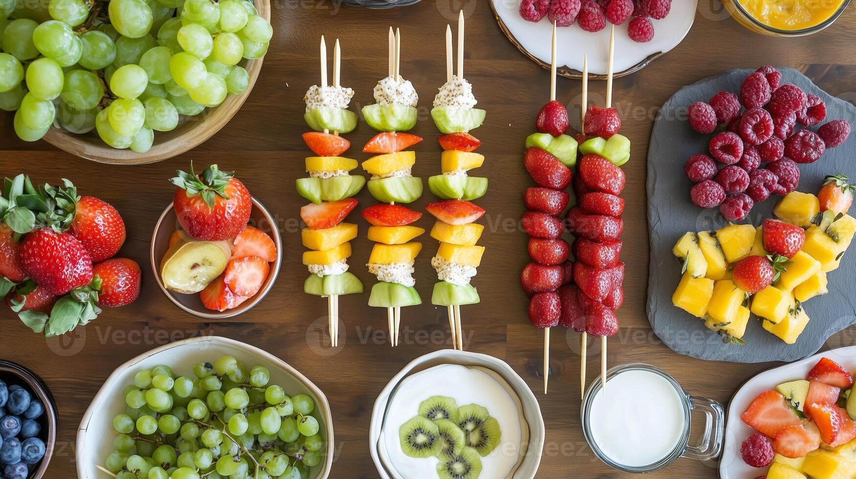Colorful fruit skewers displayed on a wooden table surrounded by fresh fruits and yogurt during a sunny afternoon gathering photo