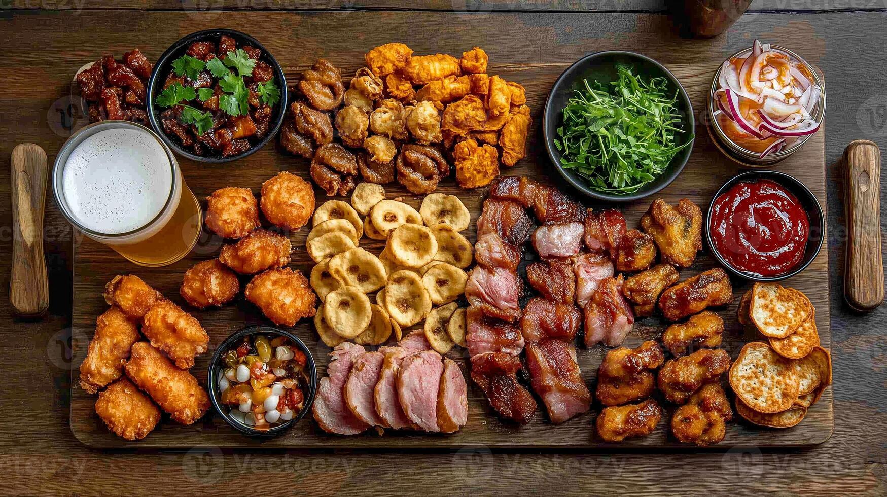 An enticing spread of various appetizers and snacks featuring fried items, meats, and fresh vegetables on a wooden board with beer photo