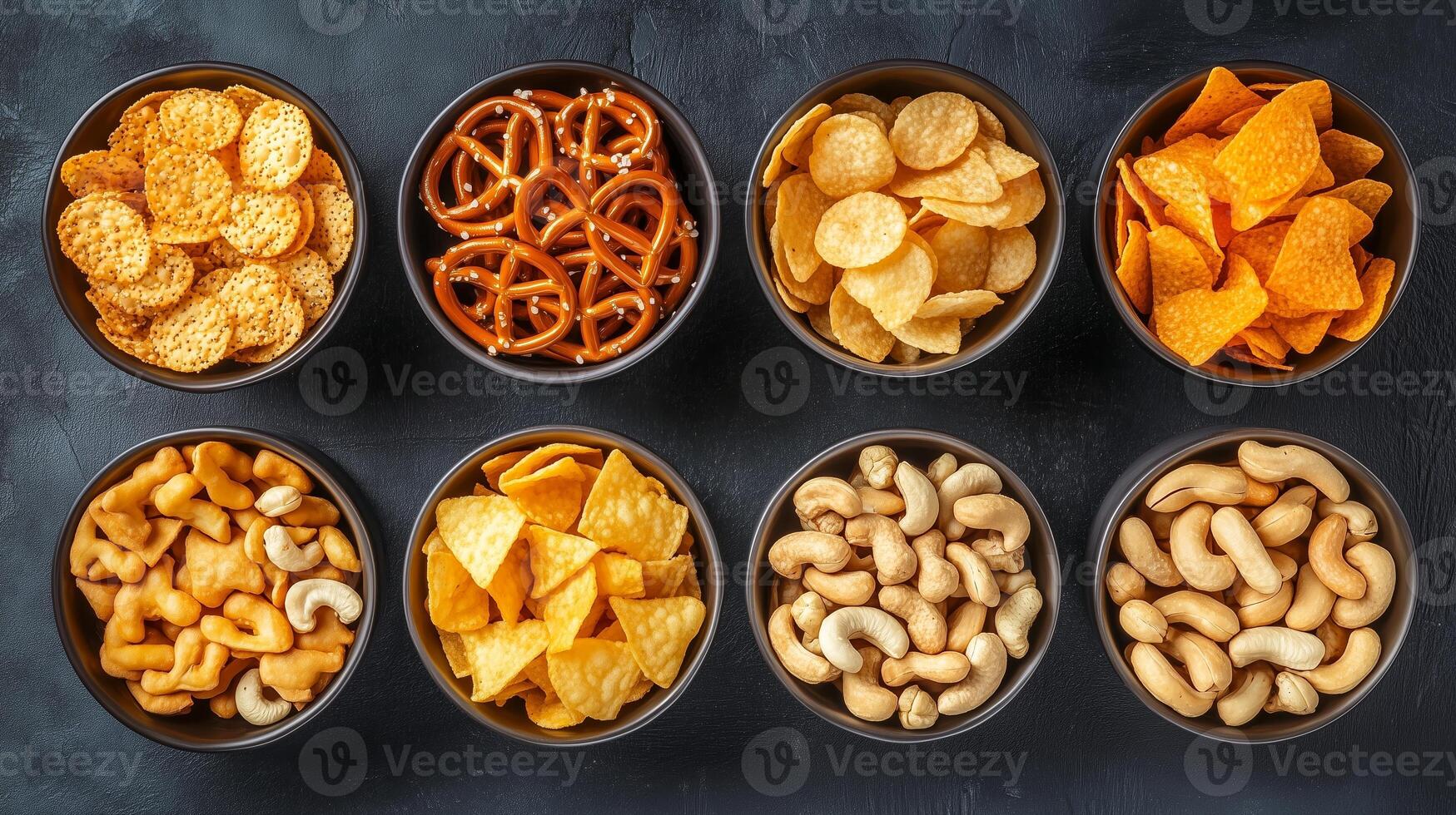 A colorful assortment of snacks arranged in bowls, featuring chips, pretzels, and nuts on a dark background photo