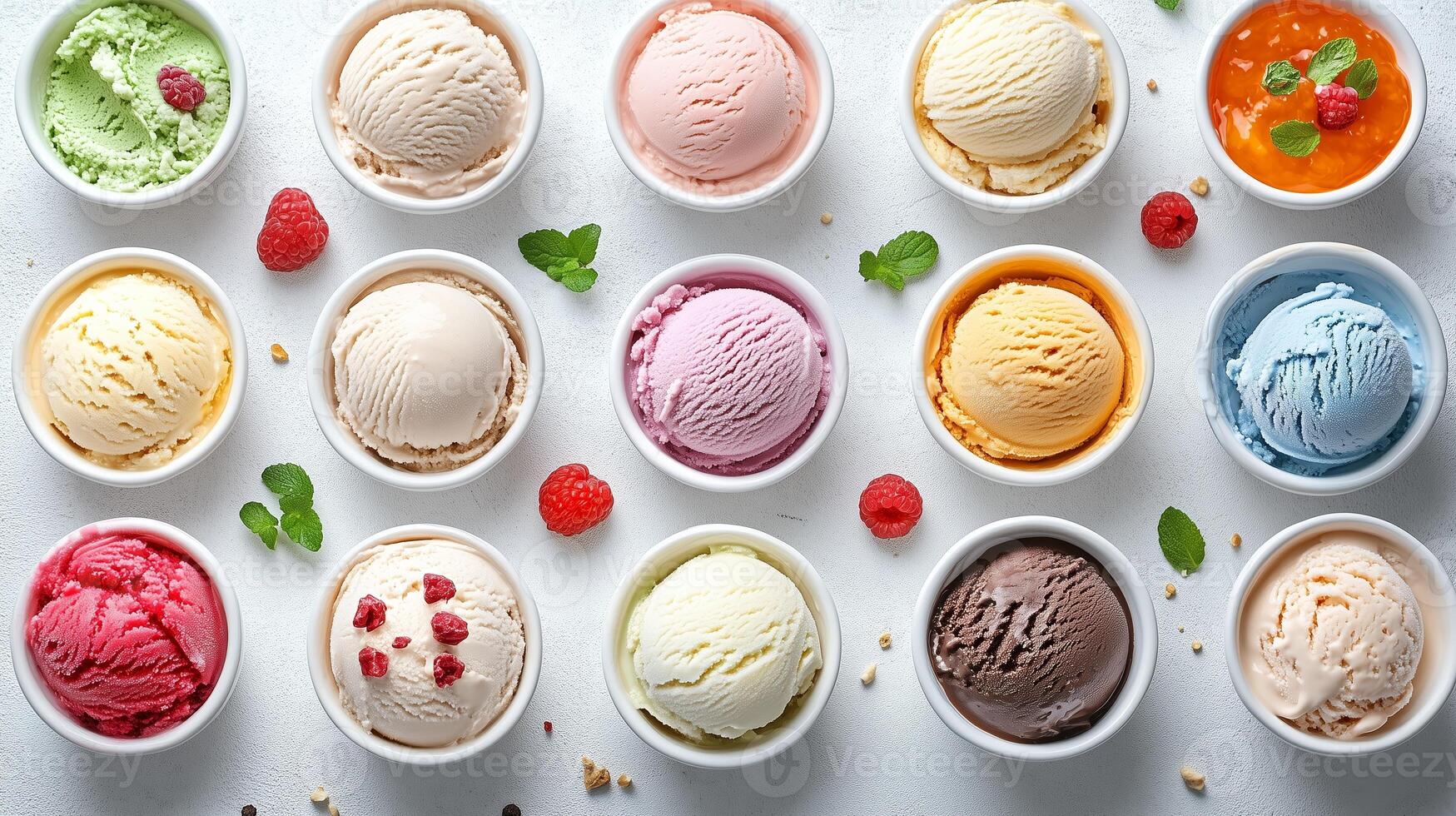 A vibrant assortment of ice cream flavors displayed in bowls on a white background with fresh garnishes and toppings photo