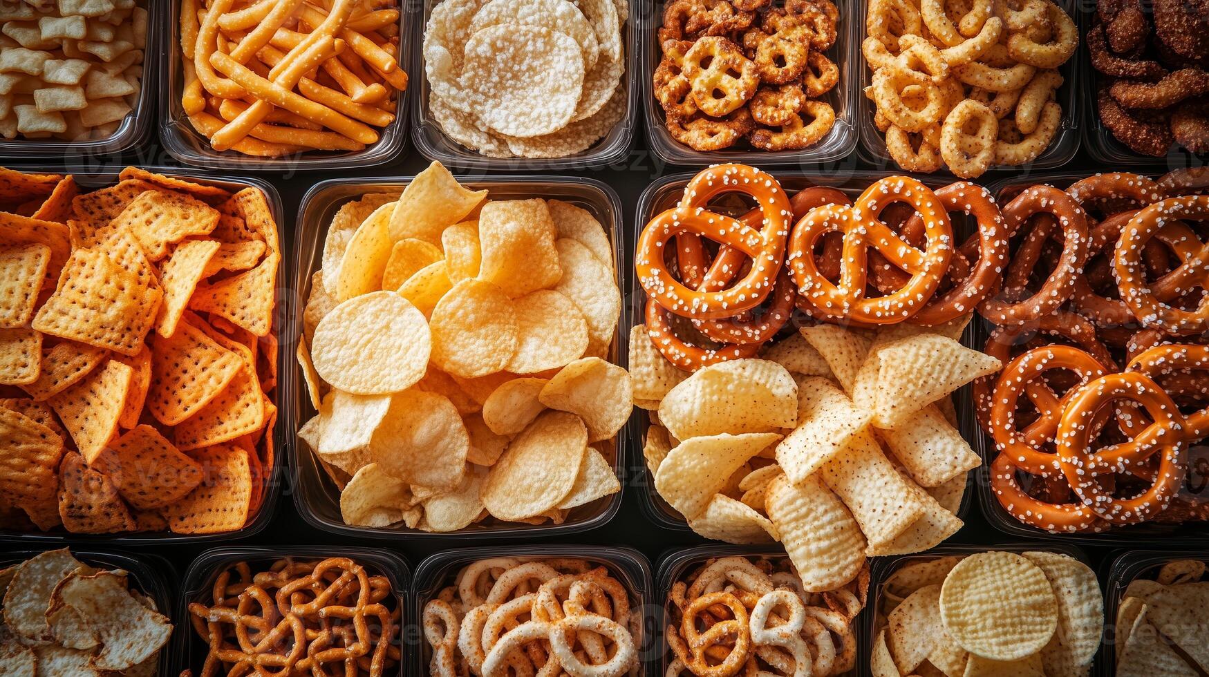 A vibrant assortment of crunchy snacks displayed in black trays ready for a party or movie night gathering photo