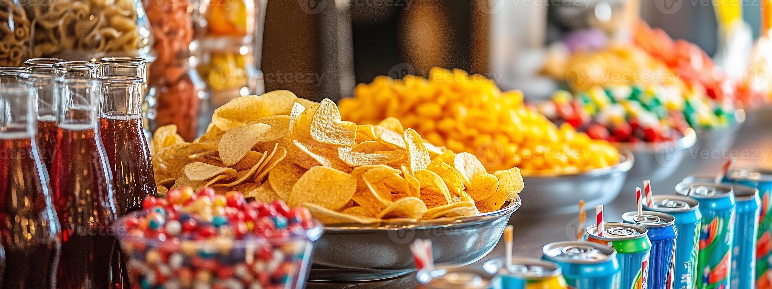 Colorful assortment of snacks and beverages displayed at a party during summer afternoon gathering in a lively atmosphere photo