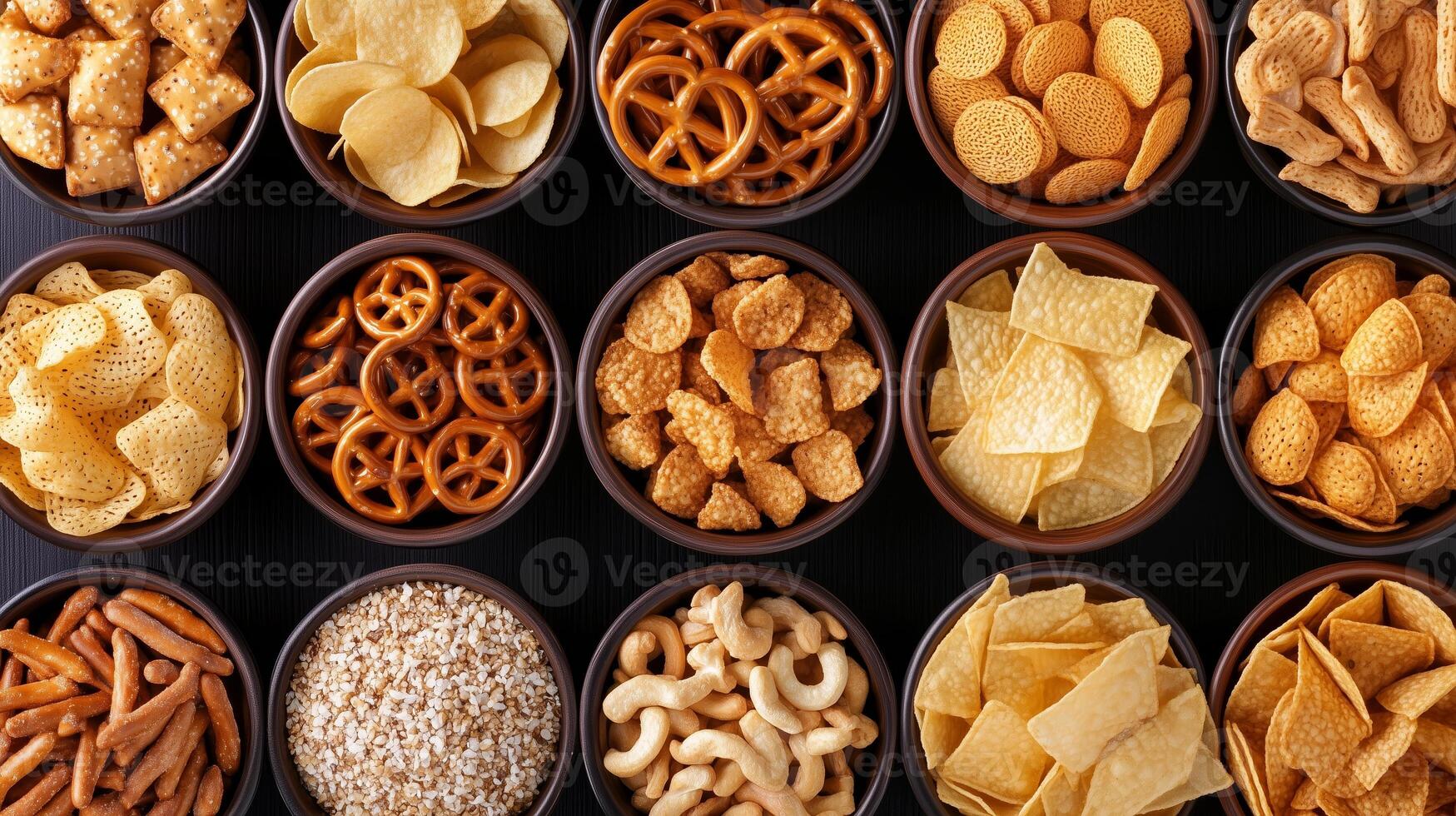 A colorful assortment of snacks displayed in bowls during a gathering at home, highlighting various textures and flavors on a table photo