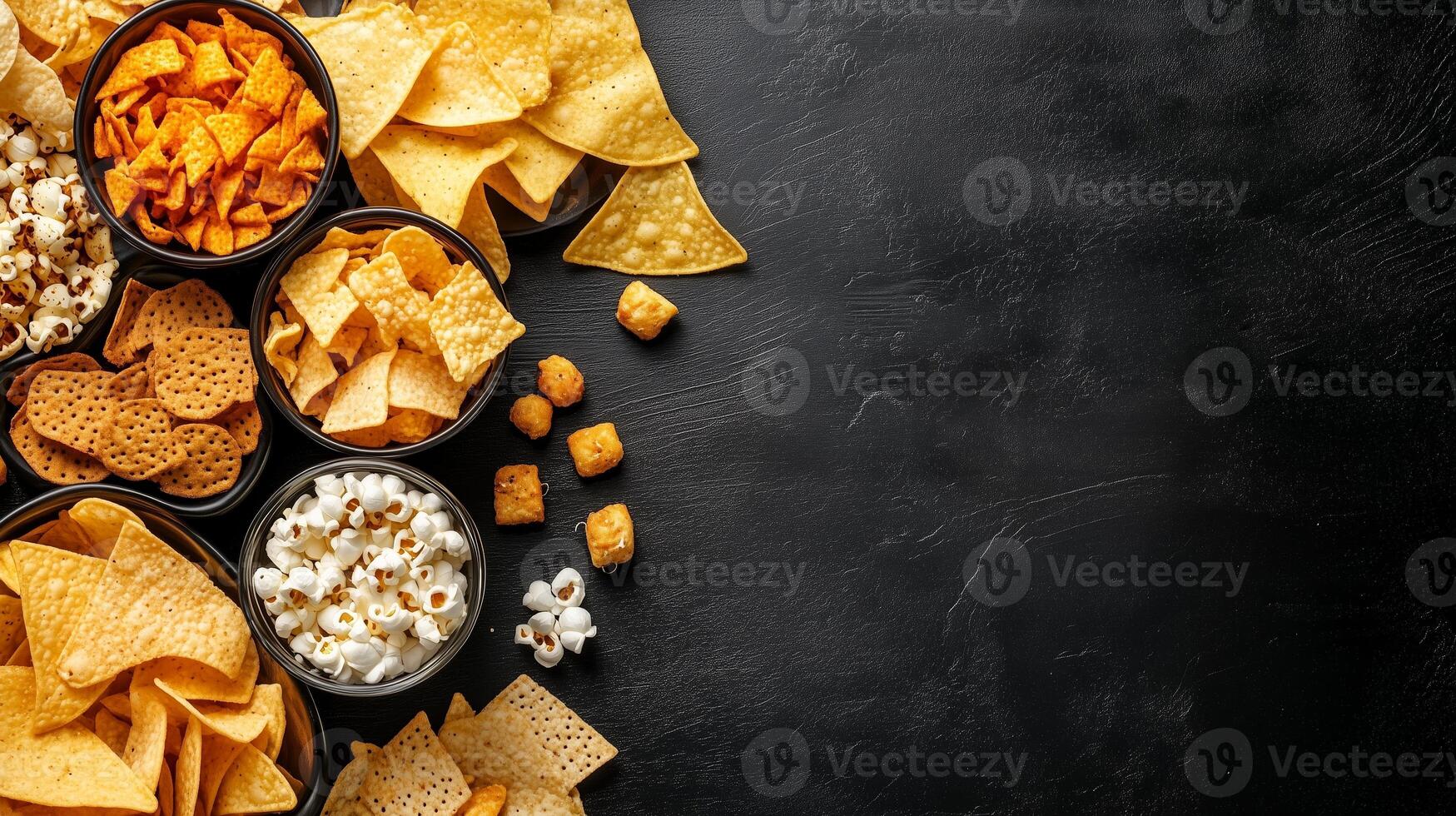 A colorful assortment of snacks on a dark surface ideal for gatherings or movie nights photo