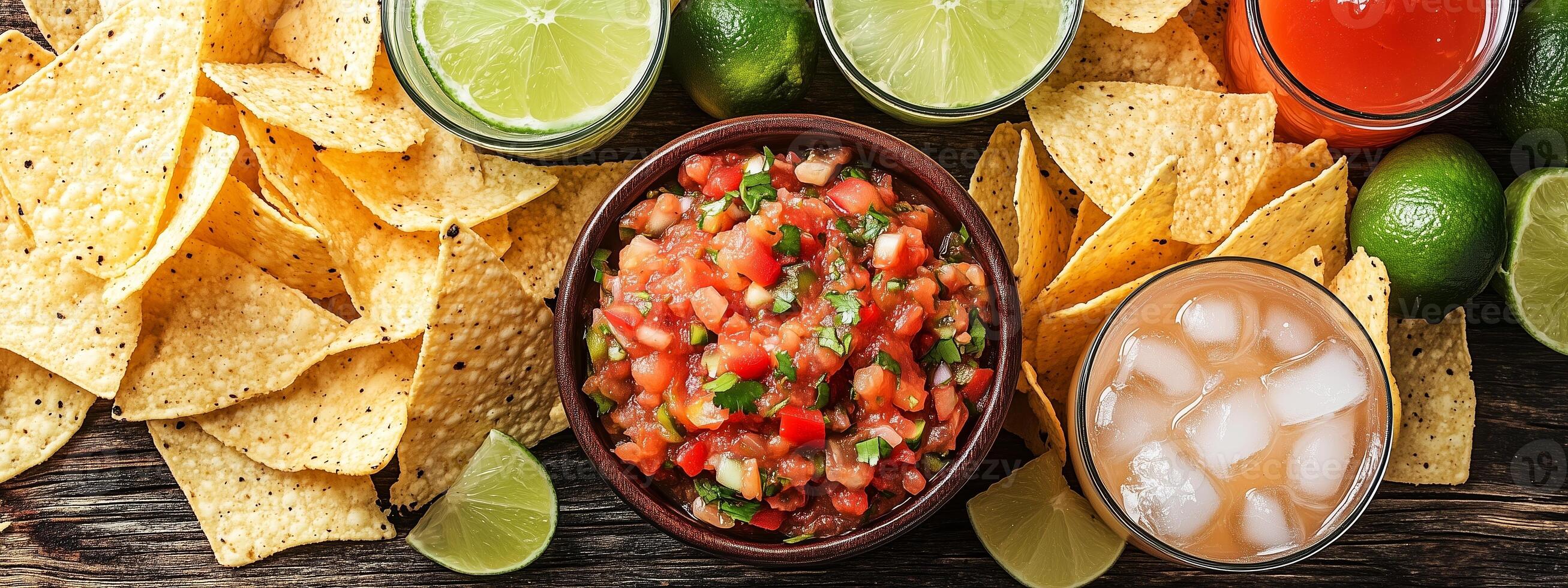 A vibrant spread of tortilla chips and fresh salsa accompanied by refreshing drinks and limes on a rustic wooden table photo