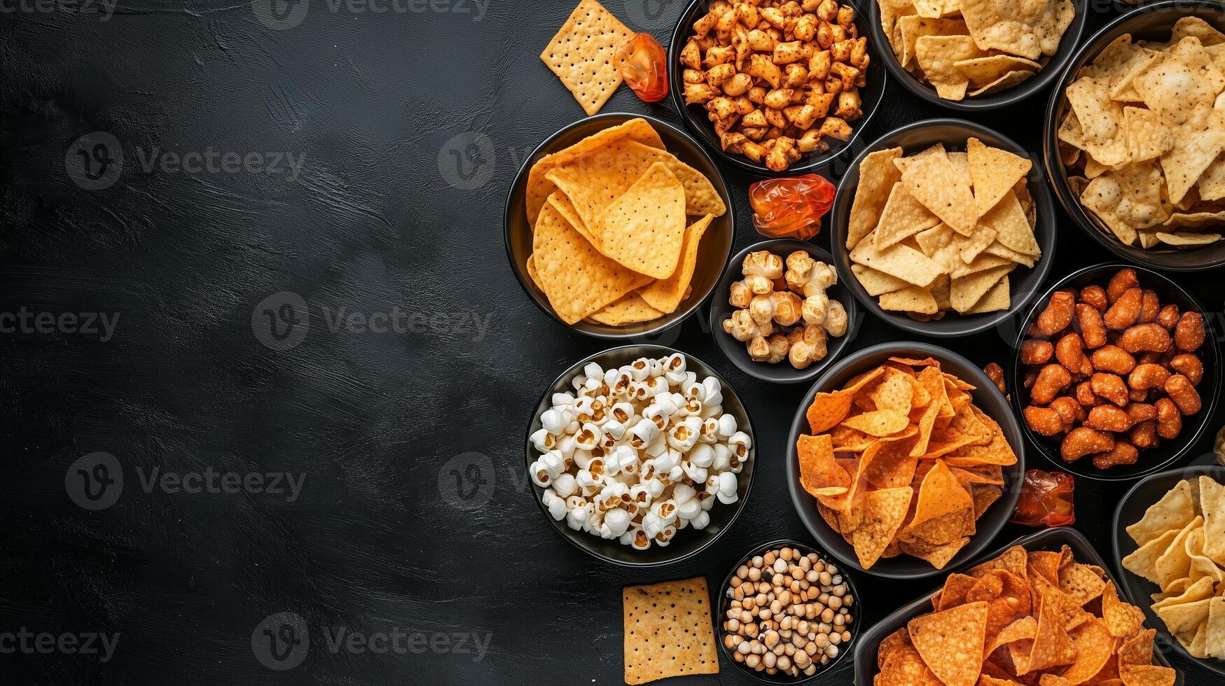 Variety of snacks displayed in bowls arranged on a dark surface for a casual gathering or party photo