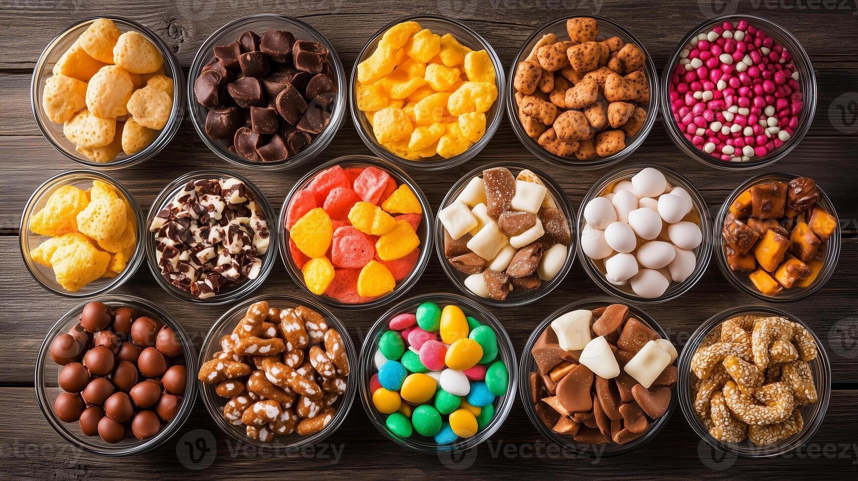 A colorful assortment of candies in glass bowls arranged on a wooden table during a festive gathering photo