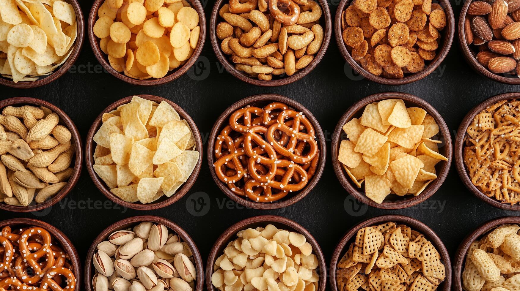 A colorful array of snacks including chips, pretzels, and nuts arranged in wooden bowls on a dark surface photo