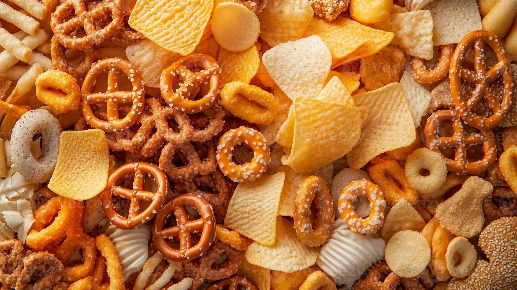 A vibrant assortment of crunchy snacks arranged on a light surface for a festive gathering or casual evening sharing with friends photo